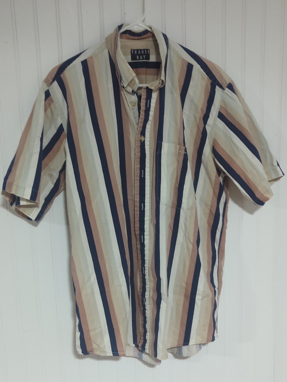 Trader Bay Short-Sleeve Vertical Stripe Button-Down in Navy, Beige, Cream
